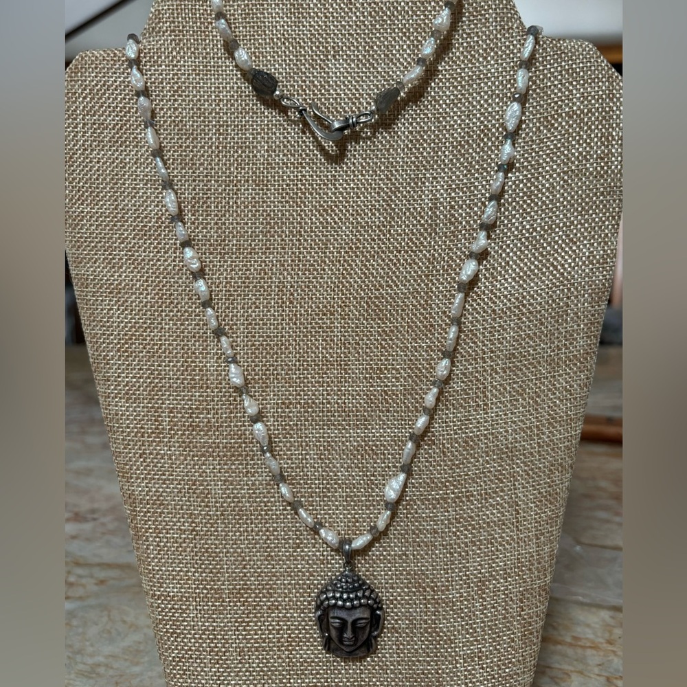 Freshwater pearl and labradorite Buddha necklace